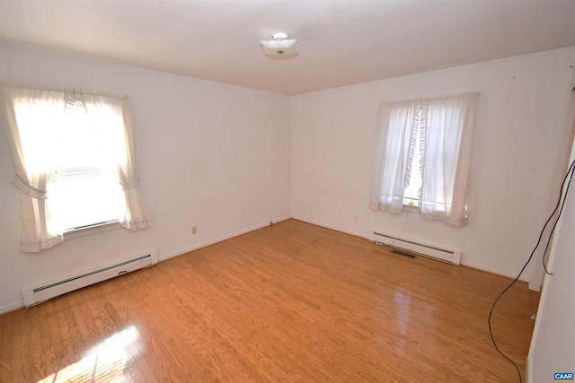 spare room with light hardwood / wood-style flooring and a baseboard radiator