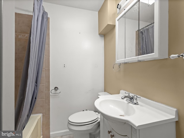 full bathroom with vanity, shower / bath combination with curtain, and toilet