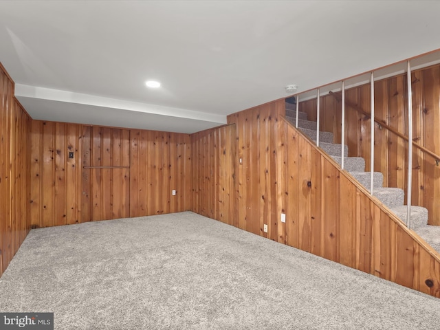 basement featuring wooden walls and carpet