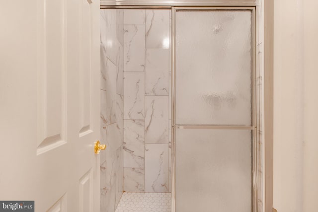 bathroom featuring a shower with door