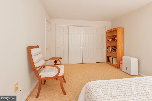 bedroom featuring light colored carpet and a closet