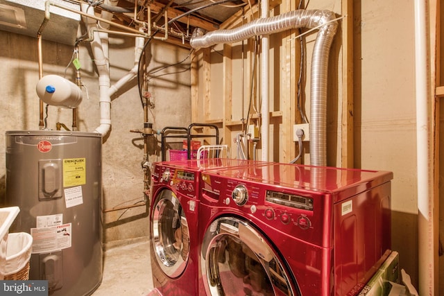 clothes washing area featuring electric water heater and washing machine and clothes dryer