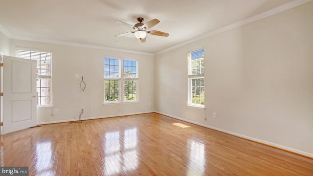 unfurnished room featuring crown molding, a healthy amount of sunlight, and light hardwood / wood-style flooring