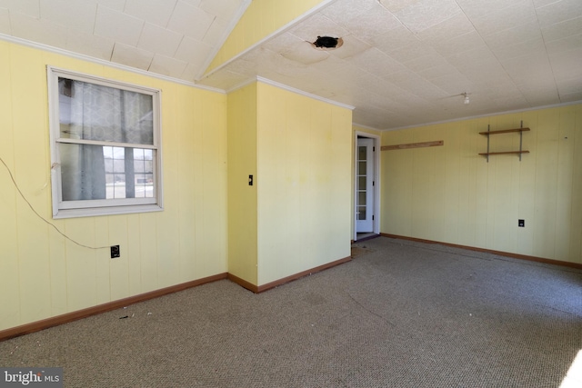 carpeted empty room with crown molding and lofted ceiling