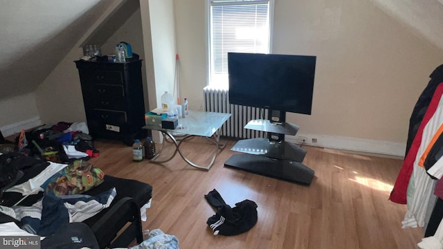 bedroom featuring radiator and wood-type flooring