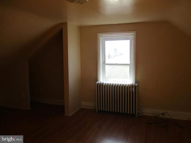 additional living space with vaulted ceiling, dark hardwood / wood-style floors, and radiator heating unit