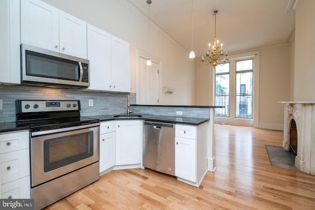 kitchen with sink, stainless steel appliances, white cabinetry, and kitchen peninsula