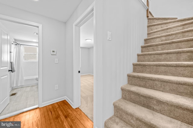 stairs featuring hardwood / wood-style floors