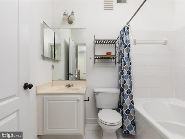 full bathroom featuring vanity, tile patterned floors, shower / bath combination with curtain, and toilet