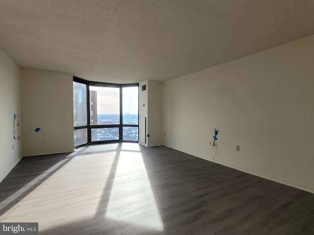 spare room with hardwood / wood-style flooring, expansive windows, and a textured ceiling