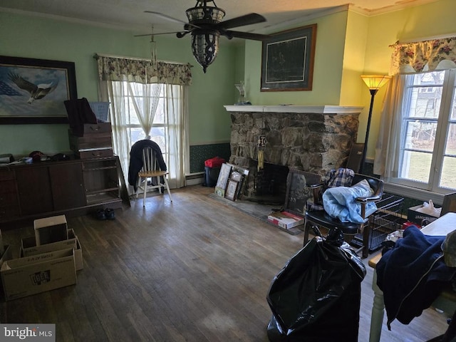 living room featuring wood-type flooring, ornamental molding, a fireplace, and a healthy amount of sunlight