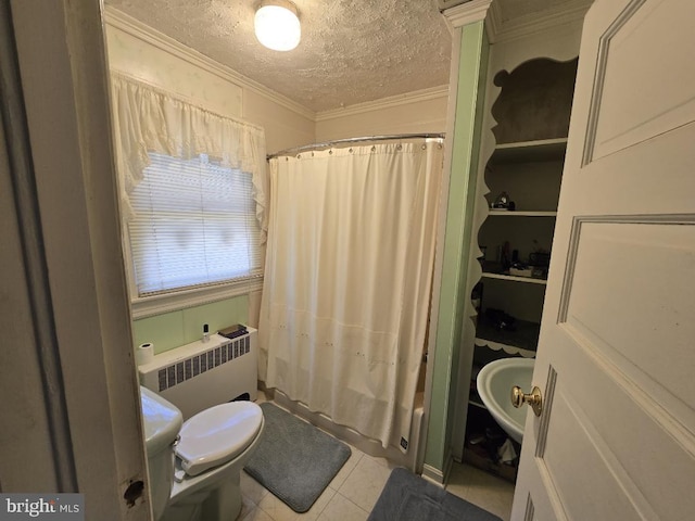 bathroom featuring radiator, tile patterned flooring, ornamental molding, a textured ceiling, and shower / bath combo with shower curtain