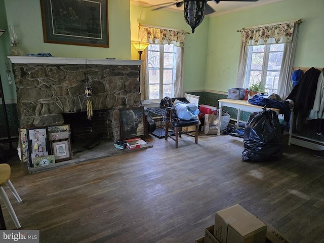 dining area with ceiling fan, a stone fireplace, hardwood / wood-style floors, and a baseboard radiator