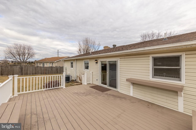 wooden deck with central AC unit and fence