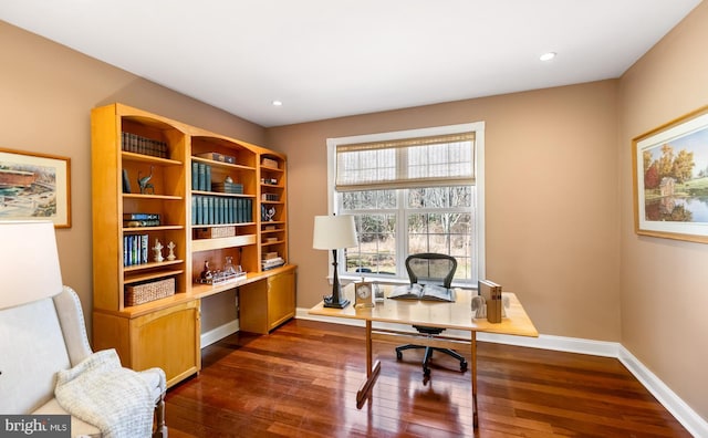 office area with baseboards, dark wood-type flooring, and recessed lighting