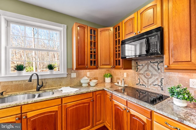 kitchen featuring glass insert cabinets, a sink, black appliances, and light stone countertops