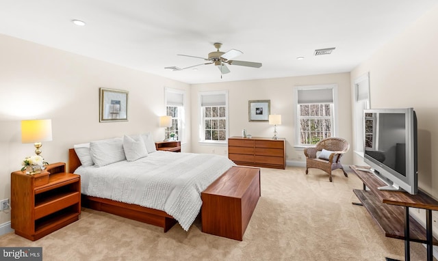 bedroom with a ceiling fan, carpet, visible vents, and recessed lighting