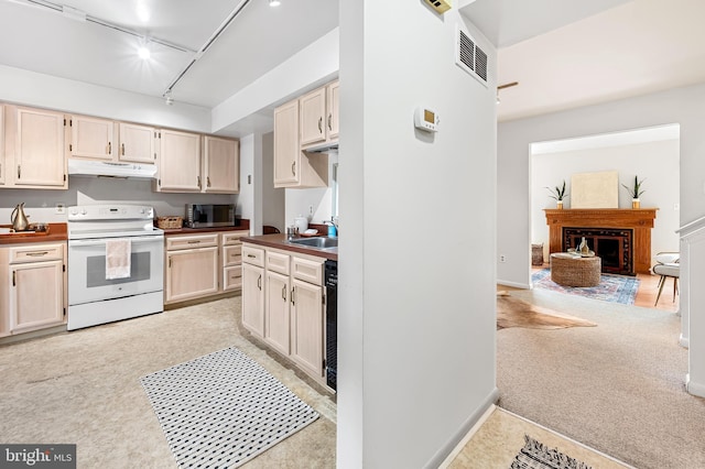 kitchen with white electric range, dishwasher, rail lighting, sink, and light colored carpet