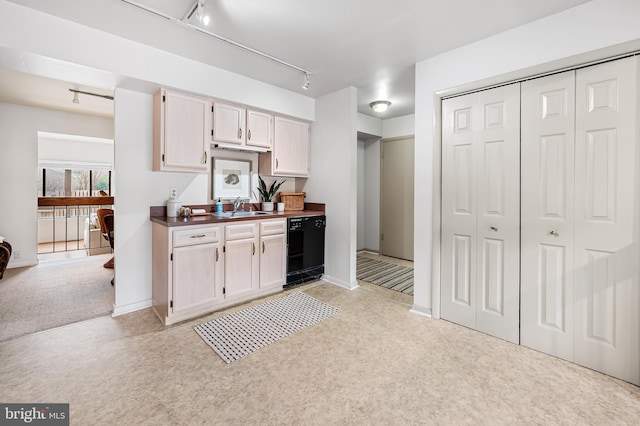 kitchen featuring sink, white cabinetry, track lighting, dishwasher, and light colored carpet