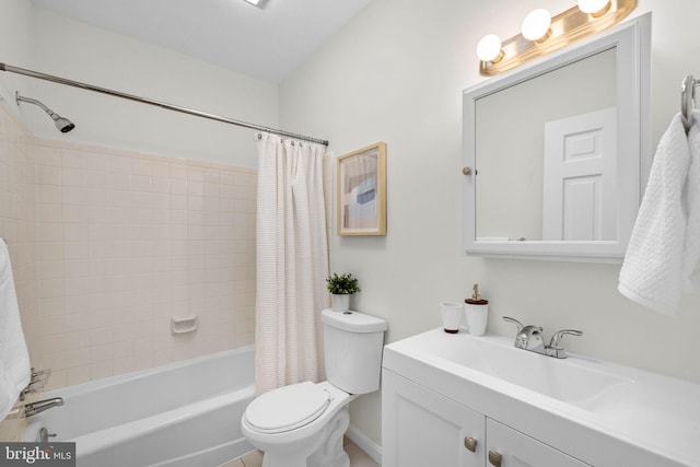 full bathroom featuring vanity, shower / bath combination with curtain, and toilet