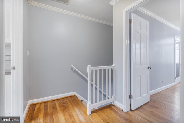 corridor featuring crown molding and light hardwood / wood-style floors