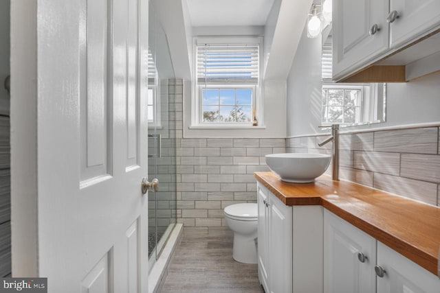 bathroom with tile walls, vanity, toilet, and an enclosed shower