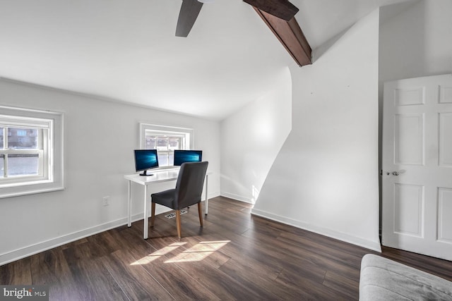 home office with dark hardwood / wood-style floors and vaulted ceiling with beams