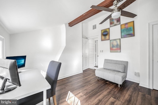 office area with lofted ceiling with beams, dark hardwood / wood-style floors, and ceiling fan