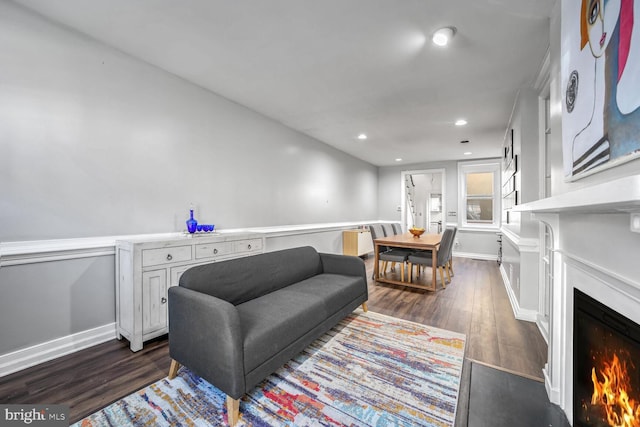 living room featuring dark wood-type flooring