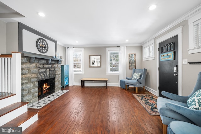 living room with crown molding, wood-type flooring, and a stone fireplace