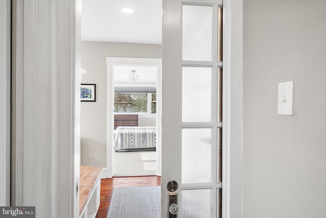 interior space with dark wood-type flooring