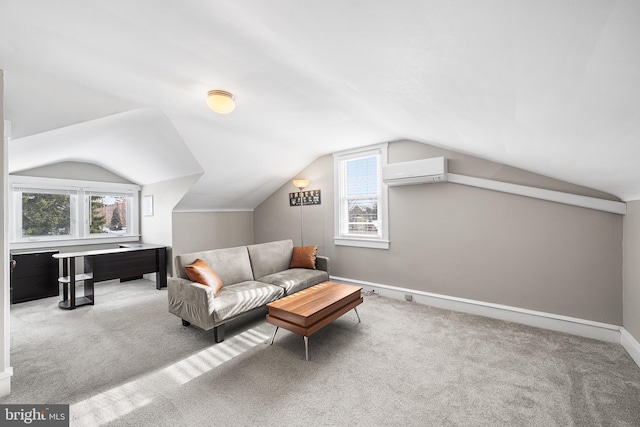 living room with lofted ceiling, a wall mounted air conditioner, and carpet flooring