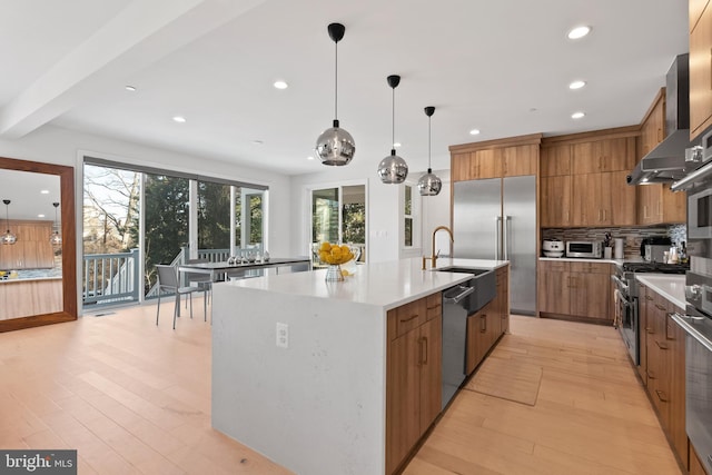 kitchen featuring a spacious island, high end appliances, tasteful backsplash, light hardwood / wood-style floors, and decorative light fixtures