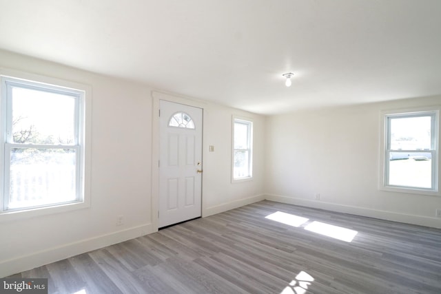 entryway with a healthy amount of sunlight, baseboards, and wood finished floors