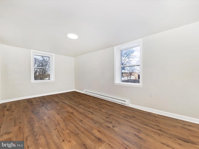 spare room with dark hardwood / wood-style floors and a baseboard heating unit