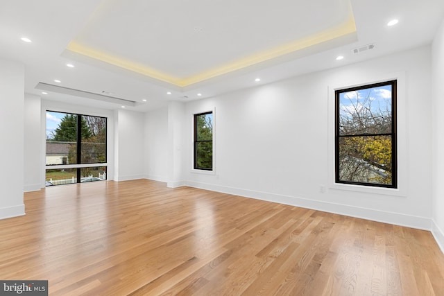 empty room featuring a raised ceiling and light hardwood / wood-style flooring