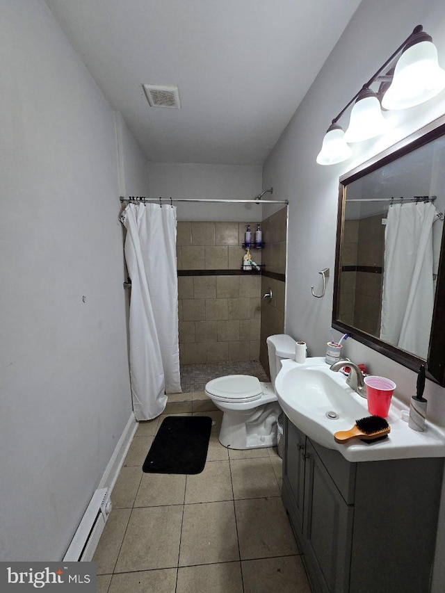 bathroom featuring vanity, walk in shower, a baseboard heating unit, toilet, and tile patterned floors