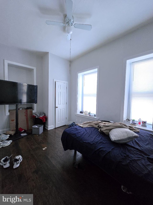 bedroom featuring dark hardwood / wood-style floors and ceiling fan