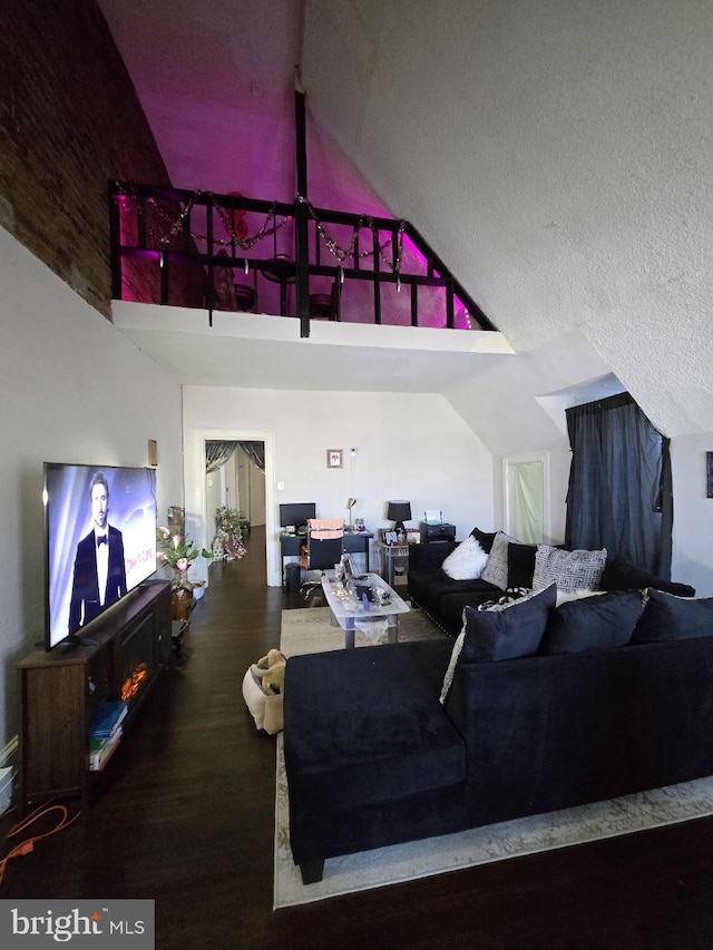 living room with hardwood / wood-style floors and high vaulted ceiling