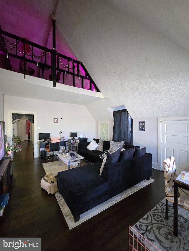 living room with lofted ceiling and dark wood-type flooring