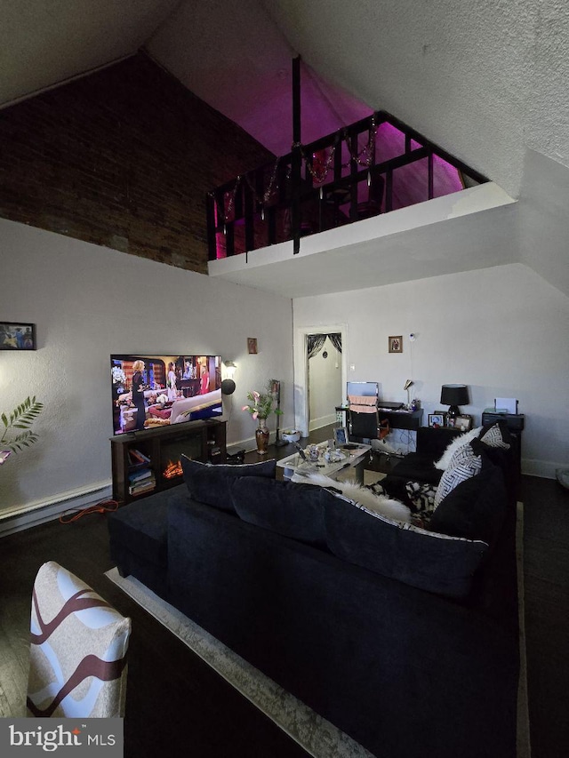 living room with hardwood / wood-style floors and high vaulted ceiling