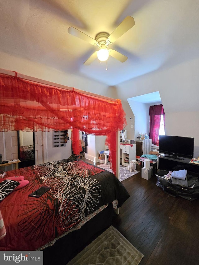 bedroom featuring hardwood / wood-style flooring and ceiling fan