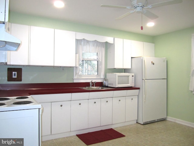 kitchen featuring sink, white appliances, ceiling fan, white cabinetry, and ventilation hood