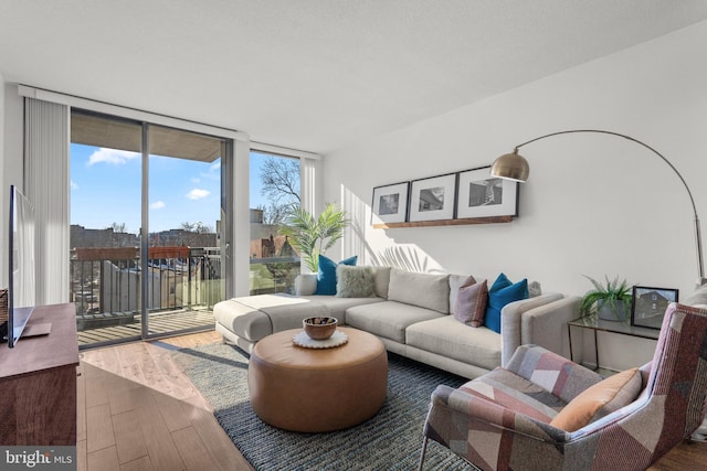 living area featuring a wall of windows and wood finished floors