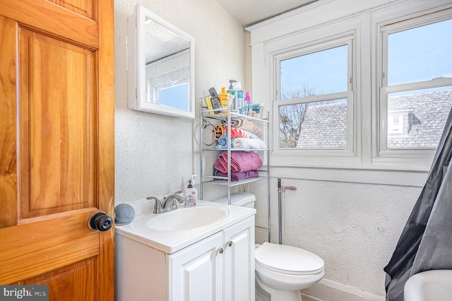 bathroom featuring toilet, vanity, and a textured wall