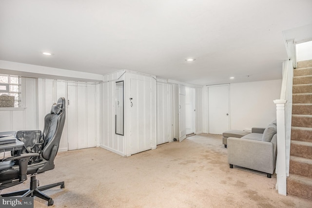 office featuring recessed lighting and light colored carpet