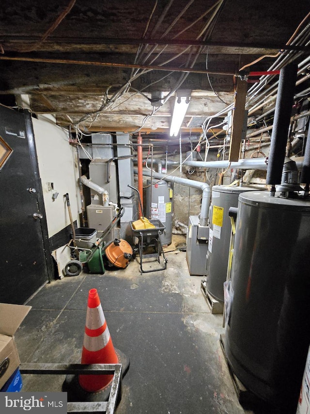 basement featuring gas water heater and water heater