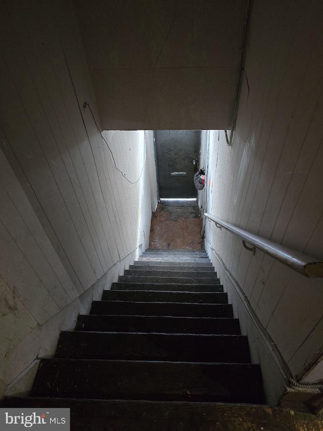 stairs featuring wood walls