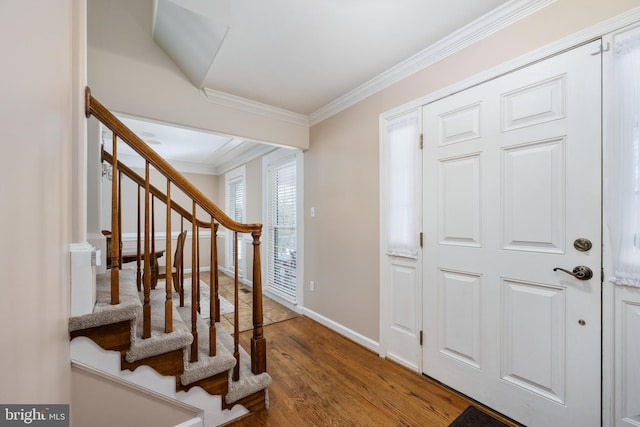 foyer featuring wood-type flooring and ornamental molding