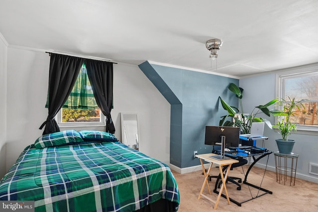 carpeted bedroom with multiple windows and crown molding